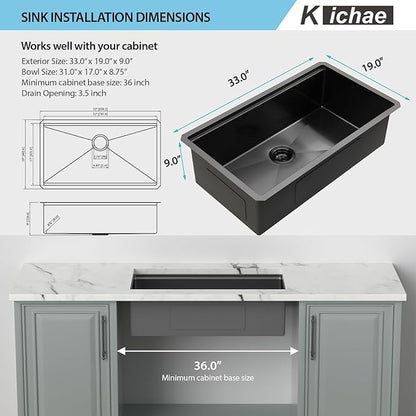 Kichae 33 Black Kitchen Sink Undermount - 33x19 Undermount Kitchen Sink Ledge Workstation 16Gauge Stainless Steel Gunmetal Black Deep Handmade Single Bowl Basin Round Corner