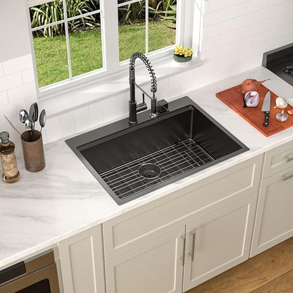 Dcolora 28 Inch Black Kitchen Sink Drop In, Nano-PVD Black Stainless Steel Workstation Sink Single Bowl Topmount with Accessories All-In-One, #DC-T8862 28"x22"x10"