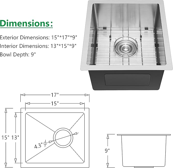Herogo 15×17 Inch Undermount Stainless Steel Kitchen Sink, 9" Deep Small Single Bowl Drop In Sink with Accessories for Rv Home Wet Bar, Brushed Nickel