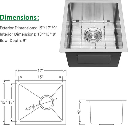 Herogo 15×17 Inch Undermount Stainless Steel Kitchen Sink, 9" Deep Small Single Bowl Drop In Sink with Accessories for Rv Home Wet Bar, Brushed Nickel