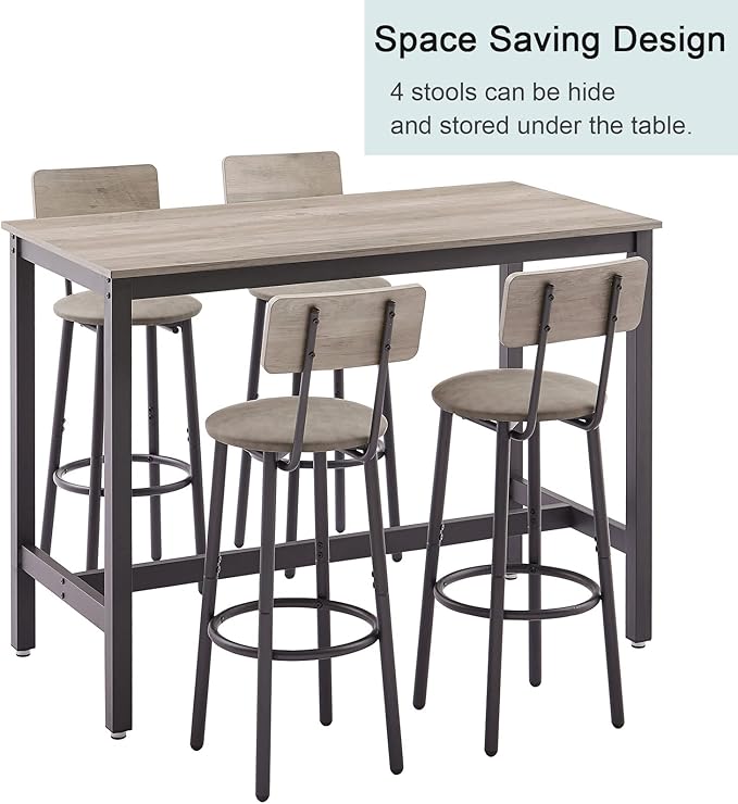 GNIXUU Bar Table and Chairs Set for 4, 5 Pieces Industrial Counter Height Pub Table and 4 PU Soft Stools with Backrest, High Kitchen Breakfast Table Set for Restaurant, Dining Room(Grey)