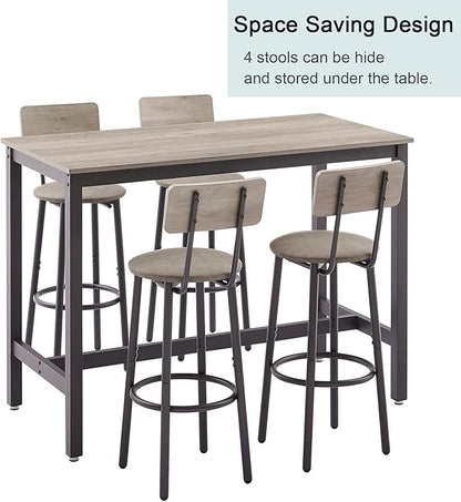 GNIXUU Bar Table and Chairs Set for 4, 5 Pieces Industrial Counter Height Pub Table and 4 PU Soft Stools with Backrest, High Kitchen Breakfast Table Set for Restaurant, Dining Room(Grey)