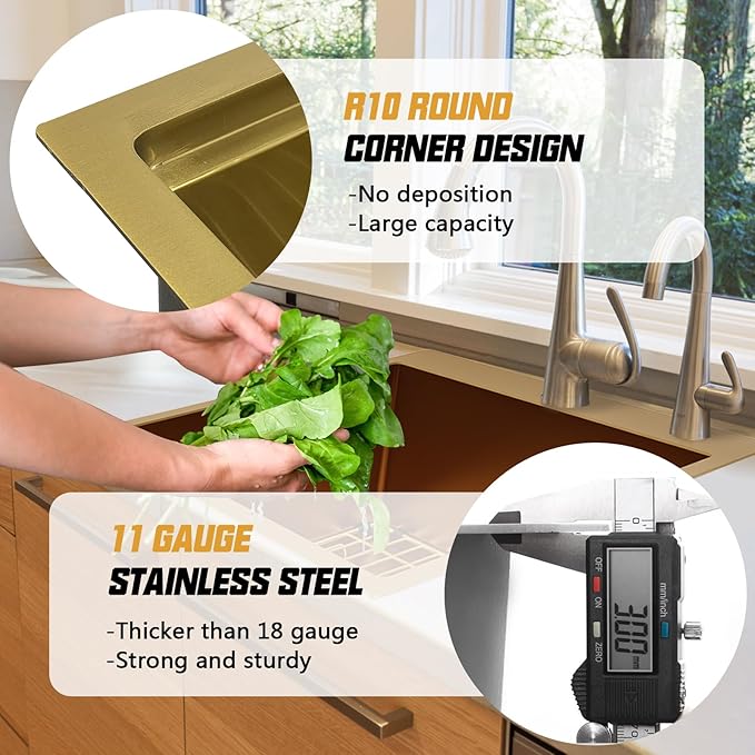 Gold 25"x22" Stainless Steel Drop-In Single Bowl Kitchen Sink - Topmount With Gold-Tone Accessories, Rack, Grid, and Drain Assembly for Modern Luxurious Look
