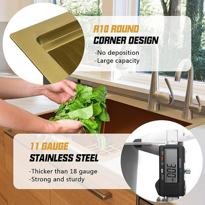 Gold 25"x22" Stainless Steel Drop-In Single Bowl Kitchen Sink - Topmount With Gold-Tone Accessories, Rack, Grid, and Drain Assembly for Modern Luxurious Look