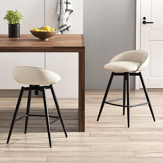 Giantex Swivel Bar Stools Set of 2, 25" Counter Height Bar Chairs with Footrest, Low Backs & Metal Frame, Upholstered Line Fabric Barstools for Kitchen Island, Cafe & Pub, Beige