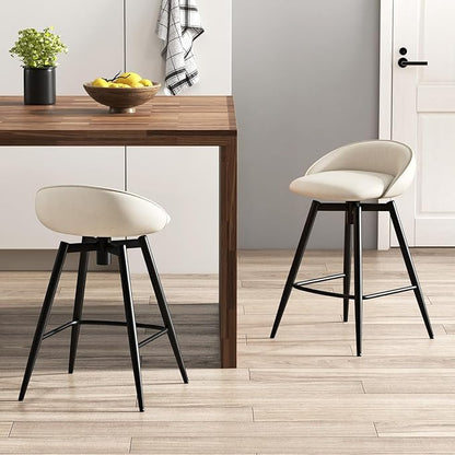 Giantex Swivel Bar Stools Set of 2, 25" Counter Height Bar Chairs with Footrest, Low Backs & Metal Frame, Upholstered Line Fabric Barstools for Kitchen Island, Cafe & Pub, Beige