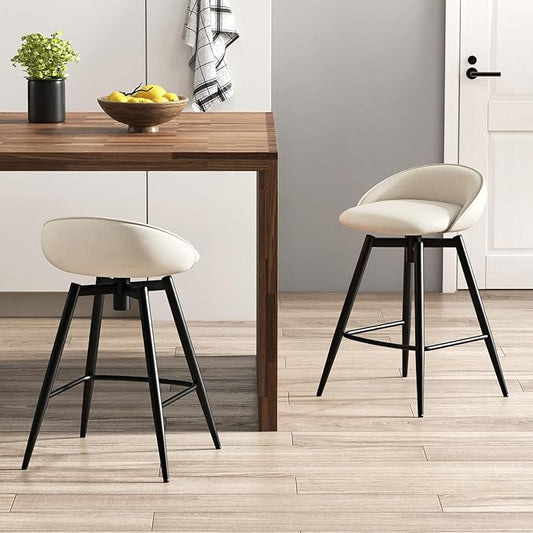 Giantex Swivel Bar Stools Set of 2, 25" Counter Height Bar Chairs with Footrest, Low Backs & Metal Frame, Upholstered Line Fabric Barstools for Kitchen Island, Cafe & Pub, Beige