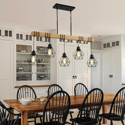 38" Farmhouse Kitchen Light Fixture, Black Hanging Kitchen Chandelier, 5-Light Rustic Dining Room Light Adjustable Height with Wood and Metal Frame, Suit for Farmhouse, Industrial Style