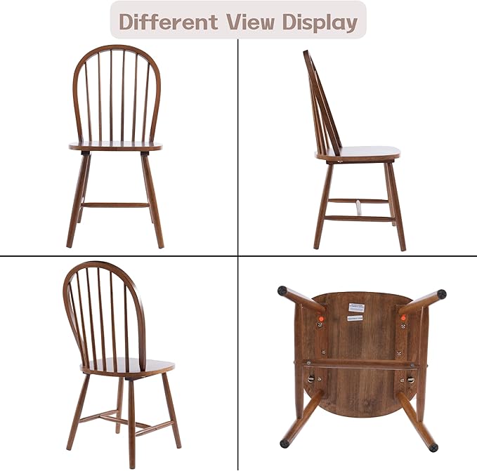 chairus Farmhouse Walnut Dining Chairs Set of 6, Windsor Wooden Dining Room Chairs with Spindle Bow Back, Modern Cottage Armless Side Kitchen Chairs