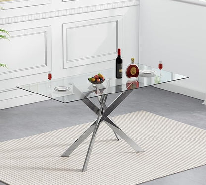 SSLine 51.2" Rectangle Glass Dining Table for 4 Modern Glass Tabletop Kitchen Table for 4 Luxury Dining Room Tables with Silver Nest-Shape Metal Base for Home Kitchen Dining Room