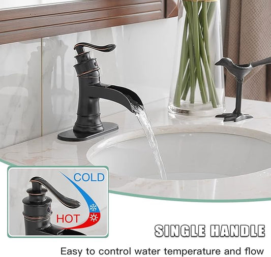 BWE Waterfall Bathroom Faucet Oil Rubbed Bronze Antique, Single-Handle One Hole Sink Faucet for Farmhouse Bath Vanity Lavatory Restroom, Solid Brass Construction