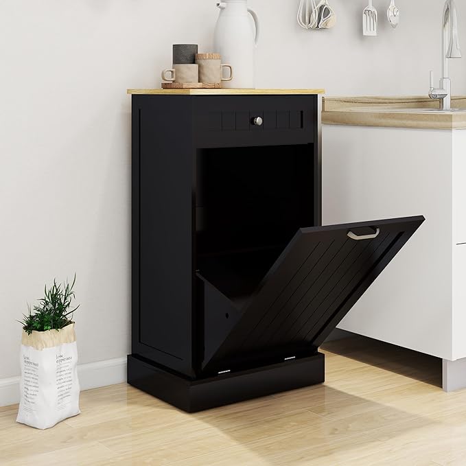 Ball & Cast Tilt-Out Trash Cabinet With One Drawer - Multifunctional White Hidden Garbage Can for Kitchen, Bathroom and Living Room - Wooden, Black