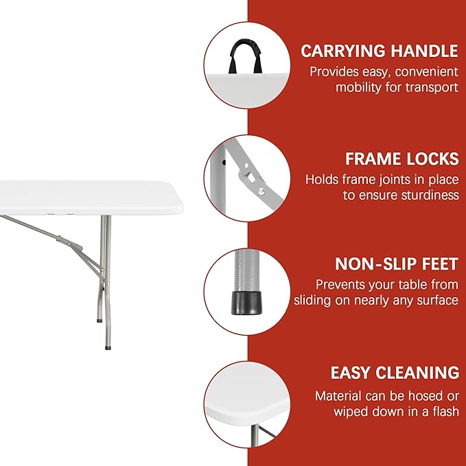 Elevon Folding Table Set of 2,8 Feet Heavy Duty Fold-in-Half Utility Table Indoor Outdoor for Camping,Picnic, Party