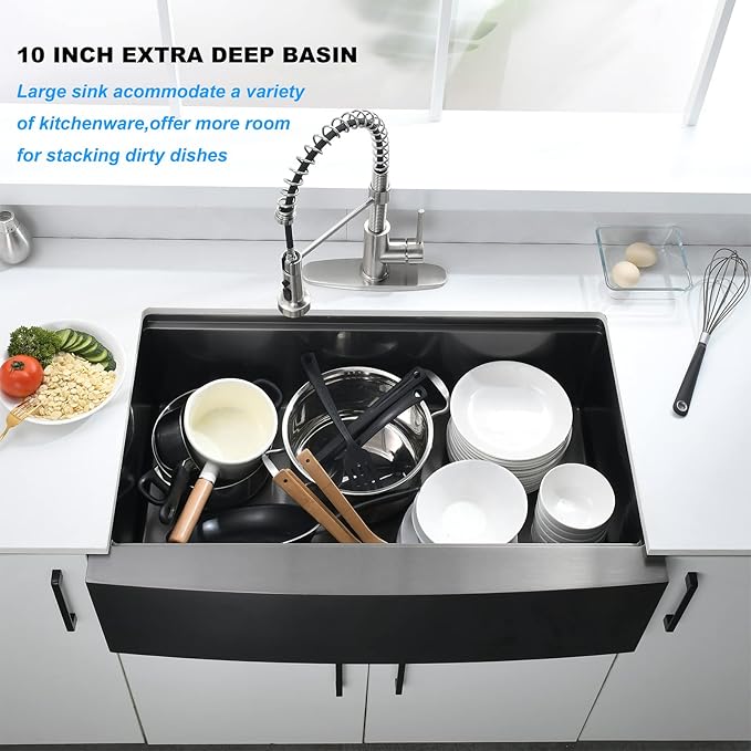 Loftus 33 Inch Matte Black Apron Front Workstation Sink - Stainless Steel 16 Gauge Single Bowl Farm Sink, Gunmetal Black