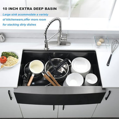 Loftus 33 Inch Matte Black Apron Front Workstation Sink - Stainless Steel 16 Gauge Single Bowl Farm Sink, Gunmetal Black