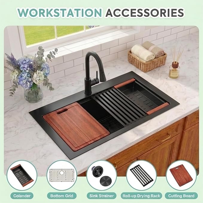 Black Drop In Kitchen Sink 36" X 22",Top Mount 16 Gauge Stainless Steel Workstation Sink,Deep & Large Single Bowl Kitchen Sinks (Black, 36" X 22")