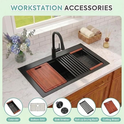 Black Drop In Kitchen Sink 36" X 22",Top Mount 16 Gauge Stainless Steel Workstation Sink,Deep & Large Single Bowl Kitchen Sinks (Black, 36" X 22")