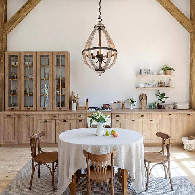 Farmhouse Chandelier, Orb Wood Chandelier, 4-Light Entryway Foyer Lighting with Hand-Brushed Rust Metal Finish, Brown
