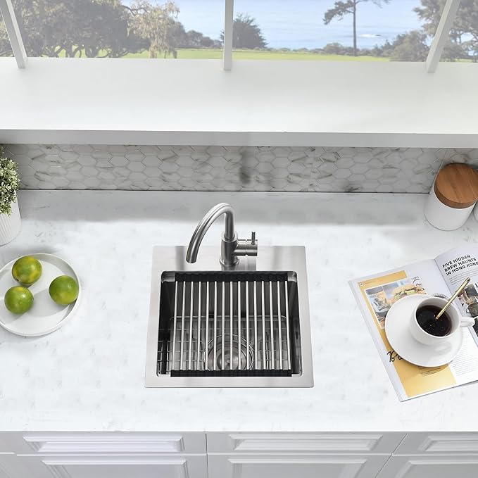 15x15 Inch Drop In Bar Sink - 16 Gauge Stainless Steel Small Kitchen Sink, 10" Deep Single Bowl Workstation Sinks with Accessories for RV, Outdoor Kitchen & Wet Bar