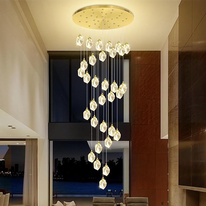 Gold Spiral Staircase Crystal Chandeliers 32-Lights 150 inch Long High Ceiling Chandelier Entrance Foyer Flush Mount Slopped Inclined Ceiling LED Dimmable 3000-6000K