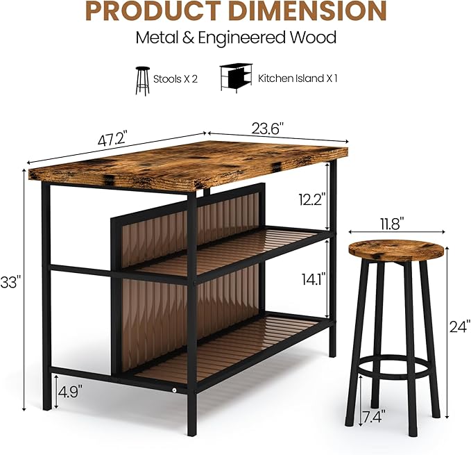 DKLGG 3 Piece Dining Table Set for 2,Kitchen Island with Seating & Storage,Industrial Bar Table and Chairs Set,Space-Saving Pub Table Set for Small Space (Rustic Brown)