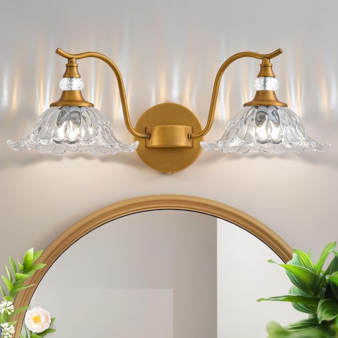 Vintage Bathroom Vanity Light Fixtures - 2 Light Antique Brass Bathroom Lights Fixture Over Mirror with Clear Flower Glass,Retro Brushed Gold Bronze Wall-Mounted Vanity Lighting for Powder Room