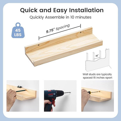 Picture Ledge Shelf for Wall, 16 inches Solid Pine Wood Nursery Book Shelves 3 Packs, Floating Ledge Shelves for Kids' Room Bedroom Bathroom Living Room Photo Frames Office Nursey Wall Decor, Natural