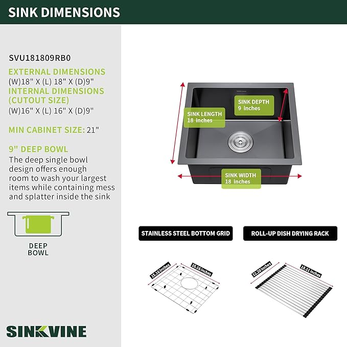 Black Kitchen Bar Sink Undermount, SINKVINE 18 Inch PVD Nano Stainless Steel Outdoor and Indoor Sink for Laundry RV, Deep Single Bowl with Drain Strainer, Bottom Rise Grid, Roll-up Drying Unit, 18x18