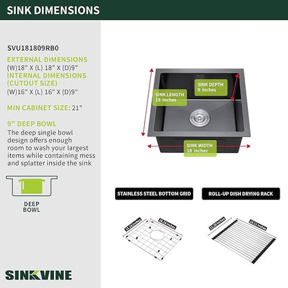 Black Kitchen Bar Sink Undermount, SINKVINE 18 Inch PVD Nano Stainless Steel Outdoor and Indoor Sink for Laundry RV, Deep Single Bowl with Drain Strainer, Bottom Rise Grid, Roll-up Drying Unit, 18x18