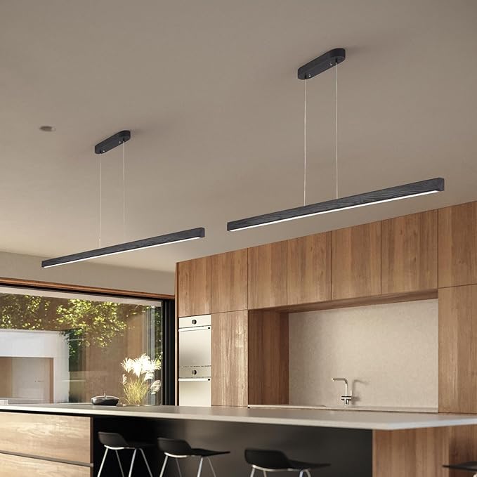 39 Inch LED Linear Pendant Light Black Wood LED Kitchen Island Lighting Dimmable Ceiling Hanging Chandeliers for Dining Room Living Room Bar Pool Table 24W Modern Farmhouse Fixture Black