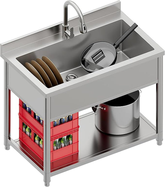 Stainless Steel Utility Sink, Large Freestanding Laundry Sink with Pull-out Faucet for Kitchen, Bathroom, Laundry Room, Garage, Outdoor/Indoor Use, Pet Cleaning, D21.65 x W35.43 x H36.61 inch