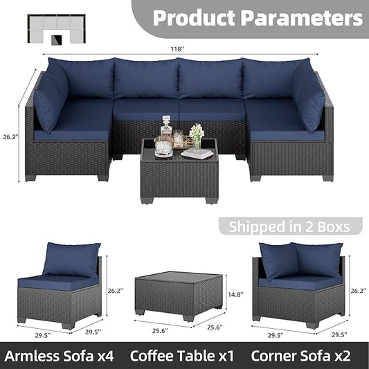 Skyfish 7 Pieces Patio Furniture Sofa - Outdoor Sectional Wicker Rattan Furniture with Cushion and Glass Table Patio Conversation Sets for Porch Poolside Backyard Outdoor Sofa Set Modular Sofa
