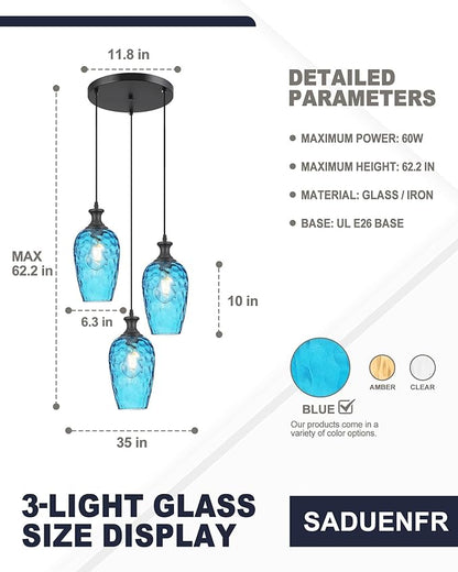 3-Light Pendant Lighting, Black Dining Room Chandelier Light Fixture Over Table with Blue Hammered Glass, Modern Cluster Hanging Lights for Kitchen Island Sink, E26