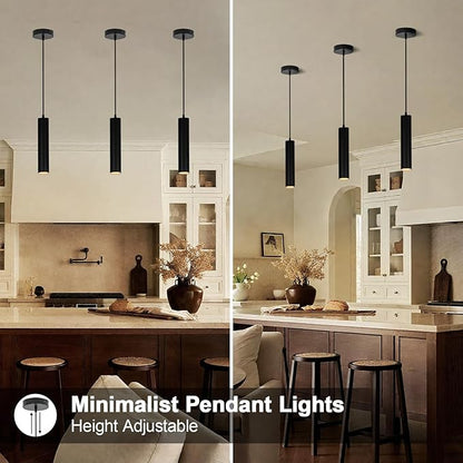 Modern Black Pendant Lights 2 Pack, LED Minimalist Pendant Lighting Fixture for Kitchen Island, Long Tube Hanging Light Cord Adjustable for Living Room Bedroom Dining Room Bar