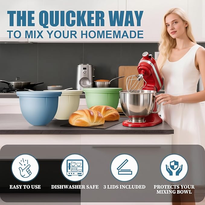 GuanQiao Silicone Bowl Liners for 5 Qt KitchenAid Mixers, 3 Liners with Lids, Blue/Beige/Green