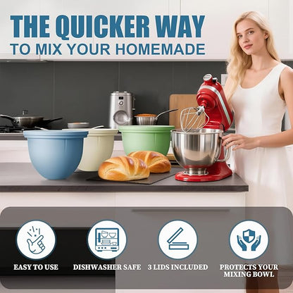 GuanQiao Silicone Bowl Liners for 5 Qt KitchenAid Mixers, 3 Liners with Lids, Blue/Beige/Green