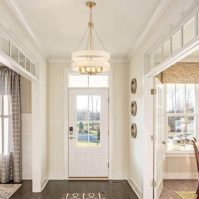4-Light Rustic Drum Chandelier for Foyer, Gold Pendant Light Fixture with Fabric Shade, Modern Farmhouse Chandelier for Dining Room Entryway Bedroom