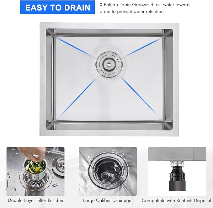 MENATT 22x18 Inch Undermount Kitchen Sink, T-304 Stainless Steel Single Bowl with 3mm Thickened Flange & Roll-up Drying Rack, 9" Deep for Indoor/Outdoor Bar, Laundry Room
