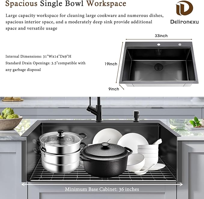 33x19 Black Kitchen Sink Drop In - 33 Inch Drop In Kitchen Sink Workstation, Black Stainless Steel Sinks, 16 Gauge Single Bowl Top Mount Workstation Sinks by Delironexu with 6 Accessories