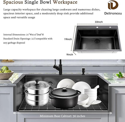 33x19 Black Kitchen Sink Drop In - 33 Inch Drop In Kitchen Sink Workstation, Black Stainless Steel Sinks, 16 Gauge Single Bowl Top Mount Workstation Sinks by Delironexu with 6 Accessories