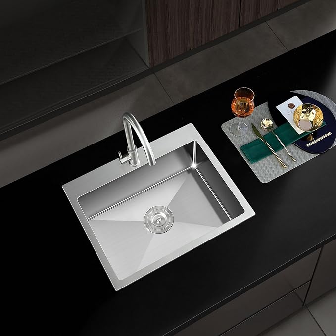 24 Inch Kitchen Sink Drop-in, 18 Gauge Stainless Steel Single Bowl Single Faucet Hole Top Mount Workstation Sink, D24"xW18"xH9"