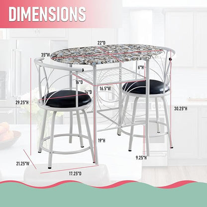 Kings Brand Furniture Somis 3 Piece Dining Table Set with Cobblestone Top - Breakfast Table with 2 Chairs - 2 Seat Dining Table Set for Small Spaces - Round Table Set with Faux Marble Top - White
