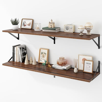Acovy Deep Floating Shelves Wall Mounted, 48"x12" Walnut Wall Shelves with Brackets Set of 2 for Bedroom, Living Room, Bathroom, Kitchen, Office - Storage & Display Shelf for Decor, Books, Plants