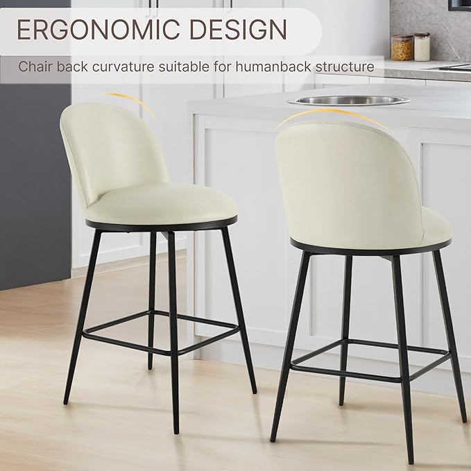 26" Counter Height Swivel Bar Stools Set of 2, Upholstered Faux Leather Barstools with Backs and Metal Legs for Kitchen Island,Cream