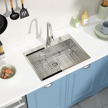 Drop in Kitchen Sink 25X18 Inch 16 Gauge Stainless Steel Handmade Topmount Kitchen Sink Single Bowl - 8 Inches Deep