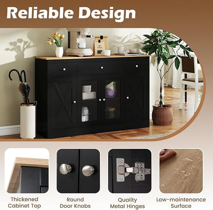 Giantex 55" Sideboard Buffet Cabinet with Storage, Modern Farmhouse Kitchen Storage Cabinet w/3 Drawers, Adjustable Shelves, 2 Barn Doors & 2 Glass Doors, Black Sideboard for Living Room, Coffee Bar