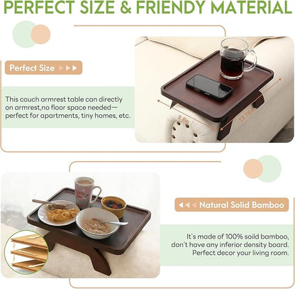 SINWANT Couch Arm Table,Bamboo Sofa Arm Clip on Tray Tables,Couch Armrest Table Suitable for Home Drinks/Eat/Fruit, Snack Chair Tray for Drink Eating