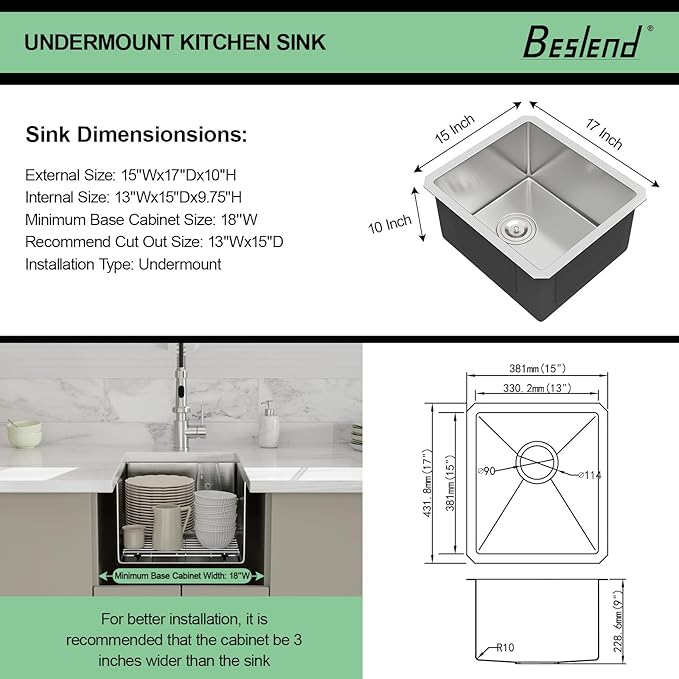 15 Inch Bar Sink Undermount - Beslend 15x17 Inch Small Kitchen Sink Stainless Steel Kitchen Bar Sink 16 Gauge Single Bowl Sink RV Sink