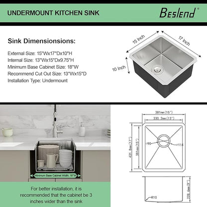 15 Inch Bar Sink Undermount - Beslend 15x17 Inch Small Kitchen Sink Stainless Steel Kitchen Bar Sink 16 Gauge Single Bowl Sink RV Sink