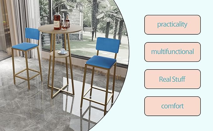 Bar Height Table and Chairs Set-3-Piece Frame Bar Table,Upholstered Chairs, Perfect as Kitchen Table, Kitchen Island Seating,Dining Table with Chairs (Gold+Blue,Gold+Brown)